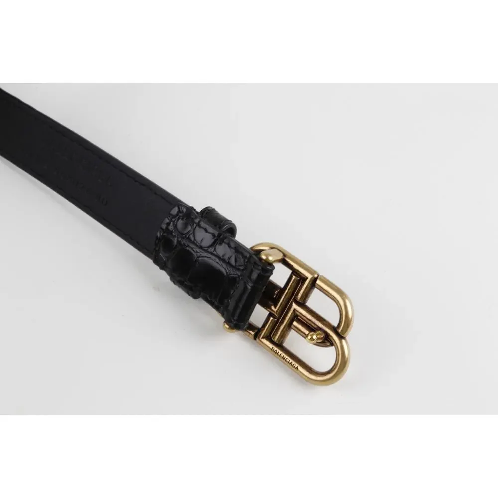 Balenciaga Black Croc Embossed Leather BB Logo Belt Antique Gold Hardware 80